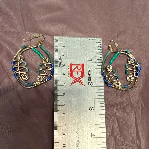 Vintage Gold Green/Blue Wire Wrapped Handmade 2” Dangle Earrings - Picture 4 of 5